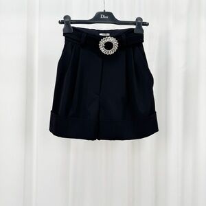 Authentic Miu Miu Women's Black High Waist Shorts with Crystal Buckle